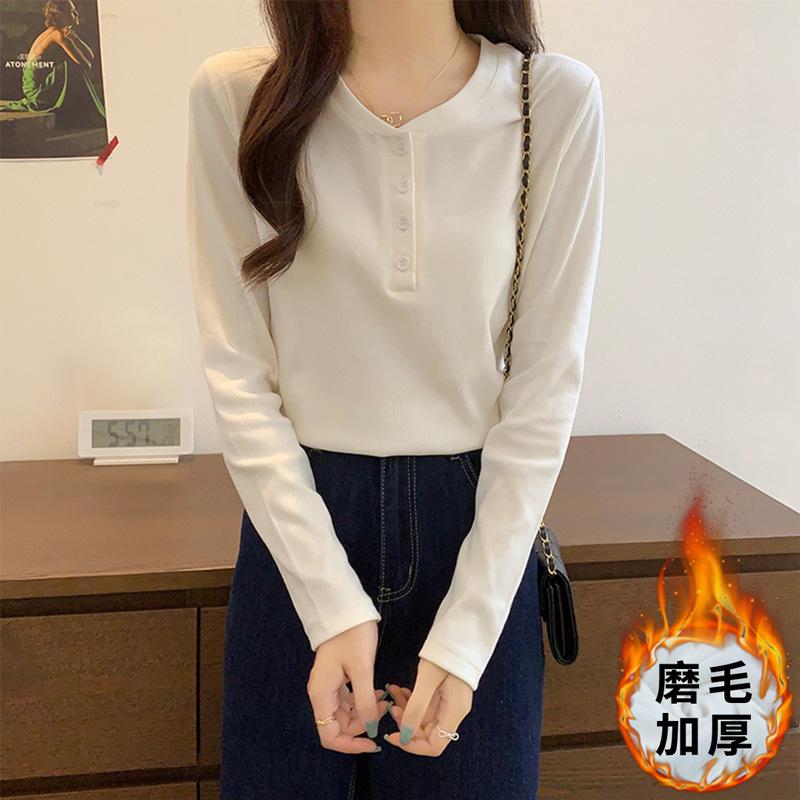 

Sharpened chic design white long-sleeved t-shirt women s inner V-neck knitted bottoming shirt autumn and winter new top S