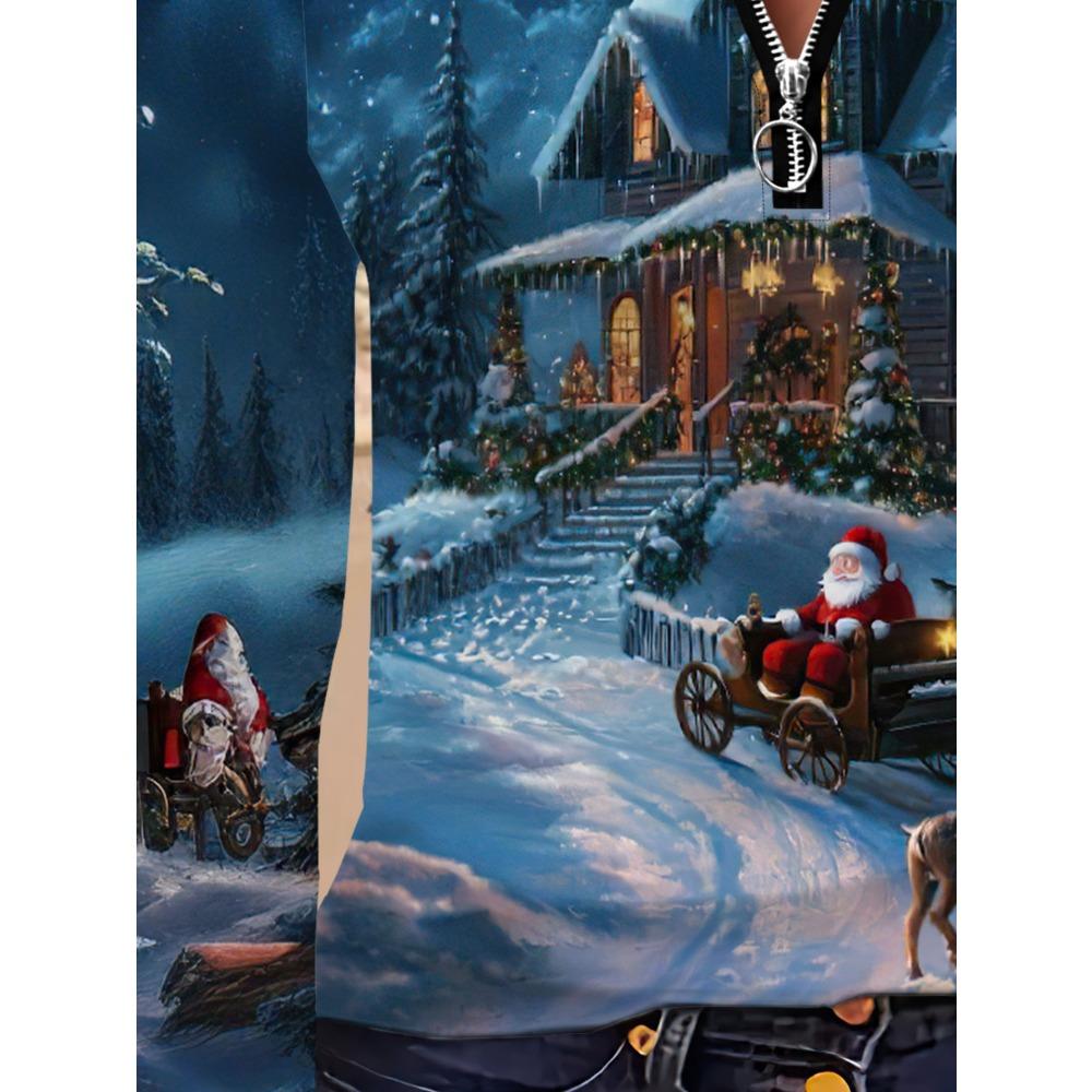 Large size casual Santa pattern women's zip-up long-sleeved top, suitable for daily, home and office wear