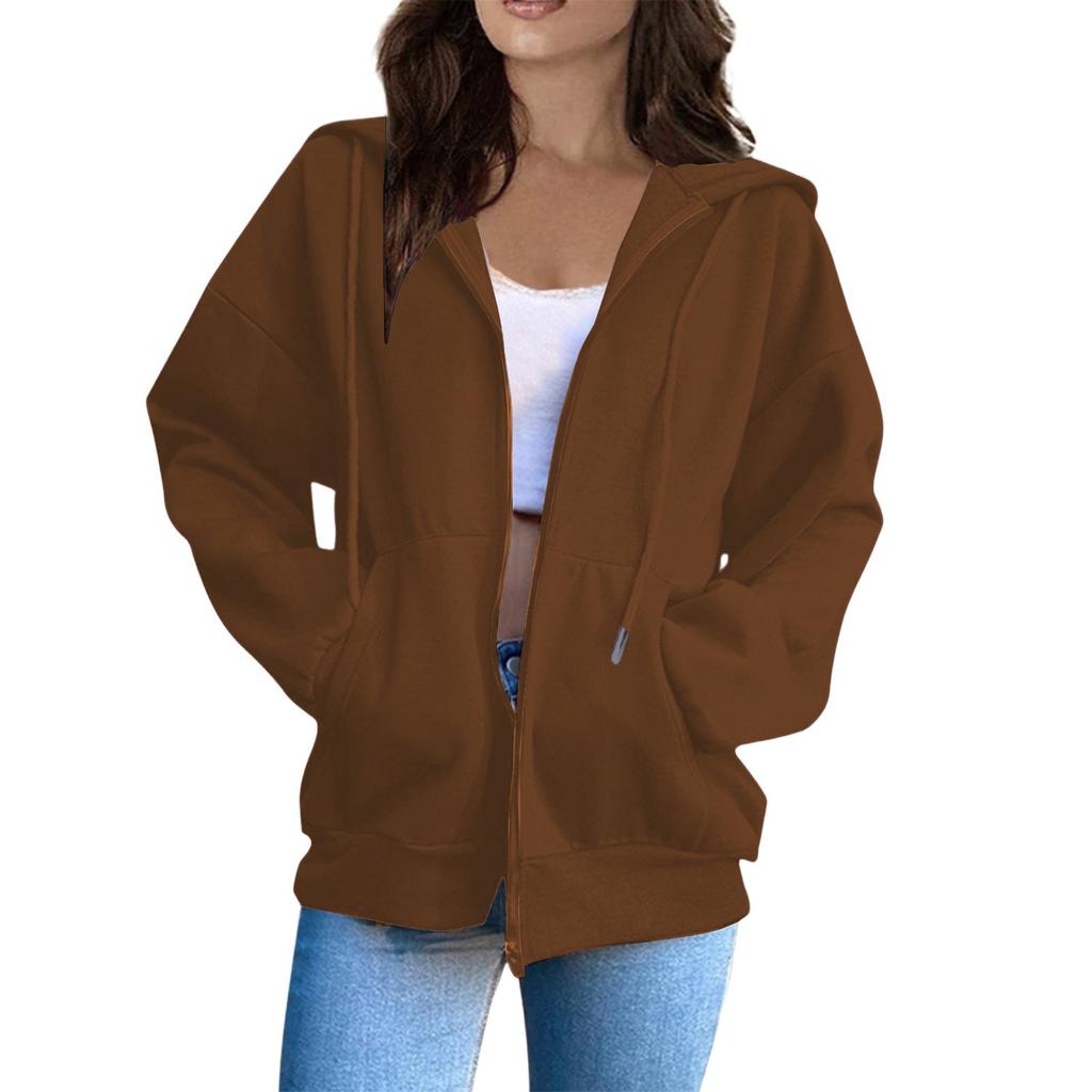 Women's Oversized Zip Up Hoodie Jacket with Pockets, Casual Long Sleeve Drawstring Hooded Sweatshirt for Fall Winter