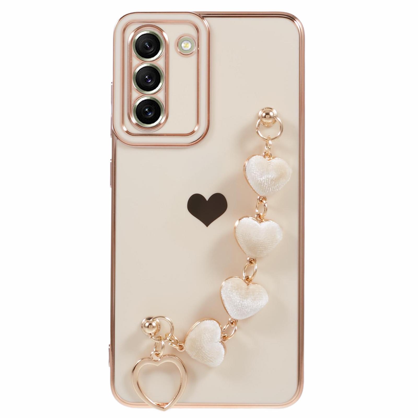 

For Samsung Galaxy S21+ 5G Case Anti-Drop Soft TPU Phone Cover with Heart Chain Strap White