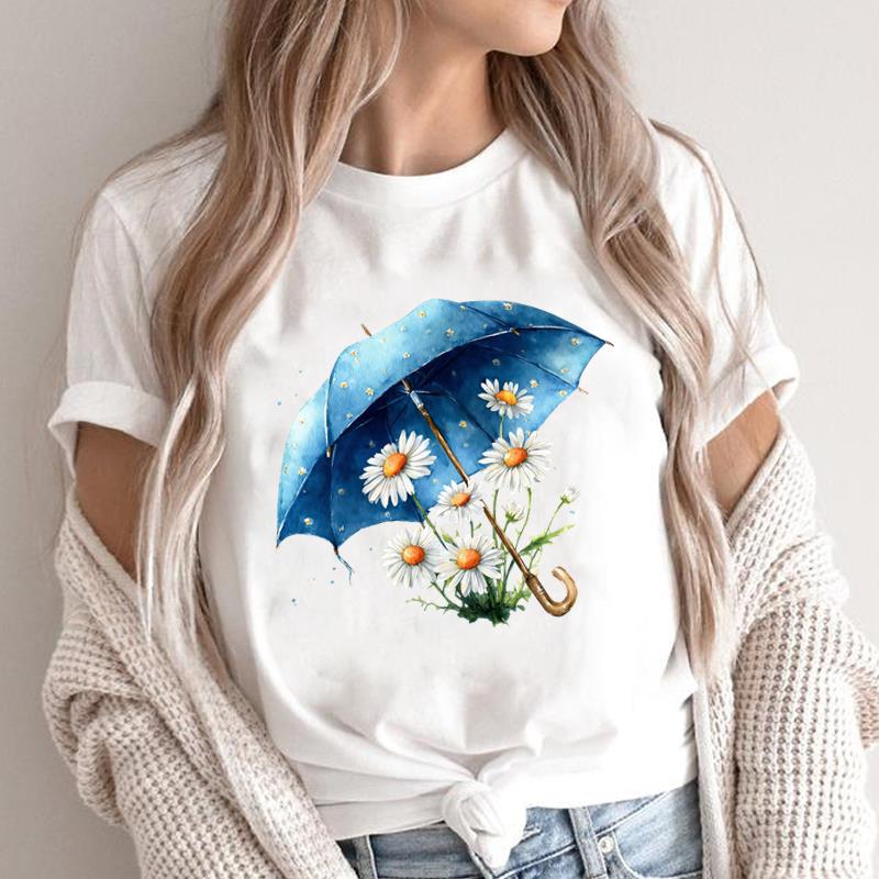 (Asian Size) O-neck Short Sleeve T-shirts Print Casual Top T trend flower style Graphic Tee Fashion Female Women's Clothing
