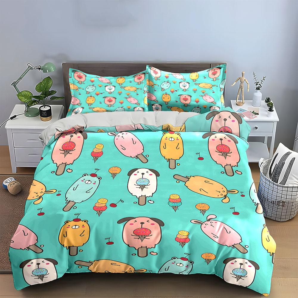Cartoon Ice Cream Animals Pattern Bedding Duvet Cover Set (1*Duvet Cover 2*Pillowcases, Without Duvet Insert)