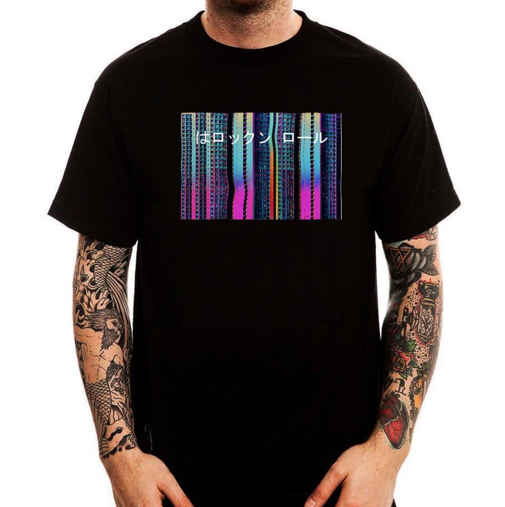 Vaporwave City Aesthetic Printed Cotton  T-Shirt Top Tee Black White 140