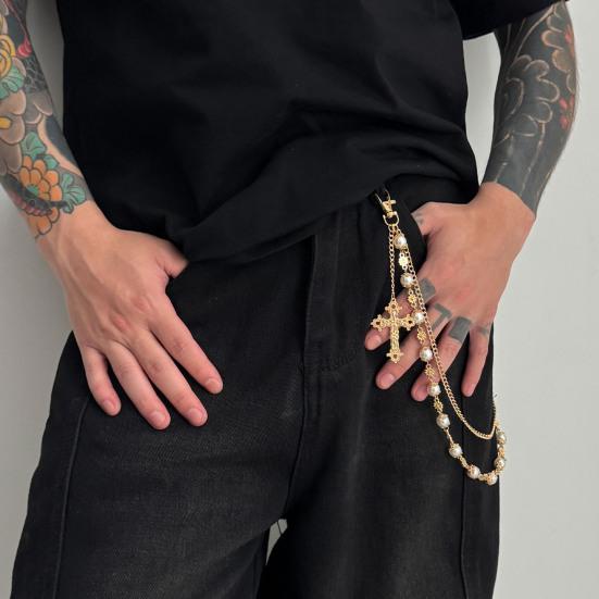 Pants Chain Faux Pearls Metal Flower Decor Wallet Chain Multi-layered