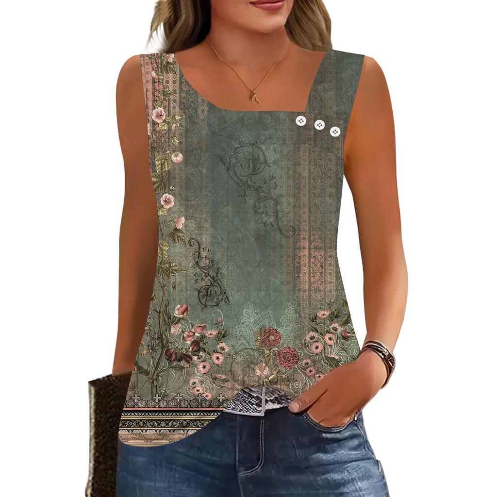 Womens Summer Tank Tops Square Neck Sleeveless Buttons Casual Dressy Tunics Basic Business Work T Shirts Blouses