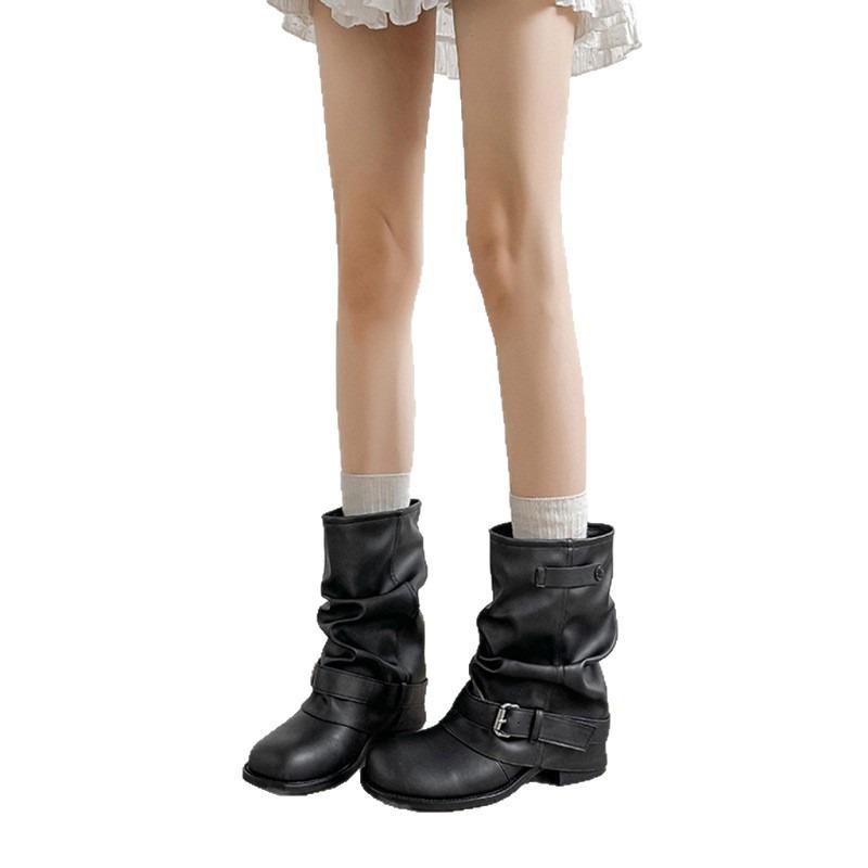 Inner Heightening Western Cowboy Pile Boots Women's Autumn Pleated Pants Short Boots Vintage Knight Martin Boots