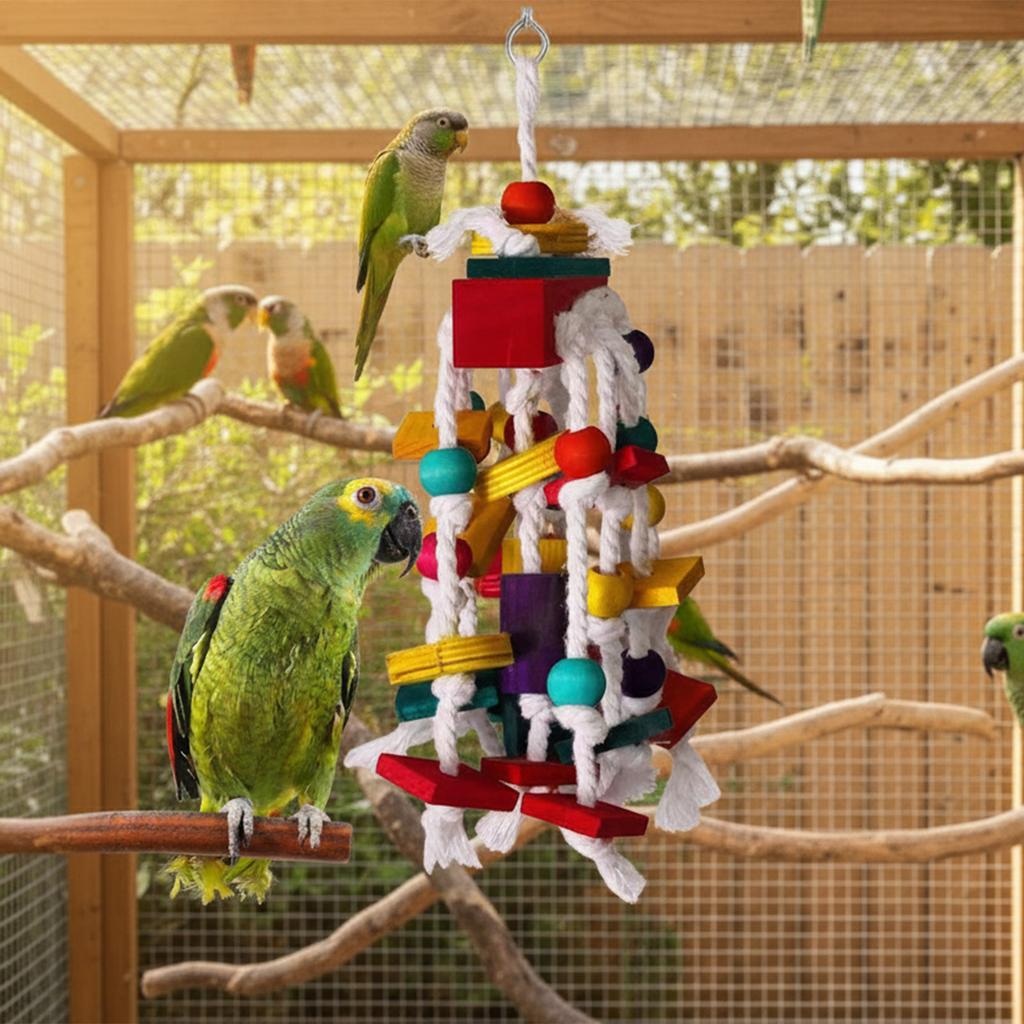 Juguete masticable para loro con cuerda de algodón y cuentas de colores Bloques de madera Combinación Juguete interactivo de rompecabezas para pájaros para pájaros medianos y grandes