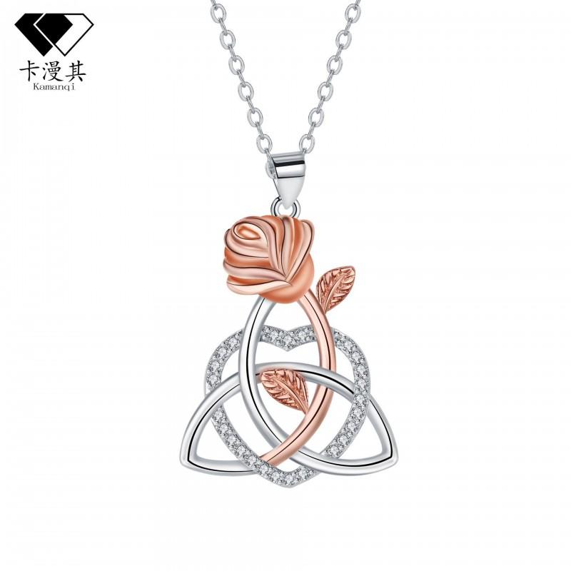 Celtic Knot Heart Rose Pendant Necklace Women Gold Plated Copper Chain Adjustable 41-50cm Cross Link Choker Gold-plated