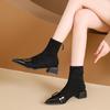 Fashion Square Heel Single Boots Fall New Pointed Toe Metal Buckle Suede Rear Zip Anti-Slip Wear-Resistant Booties