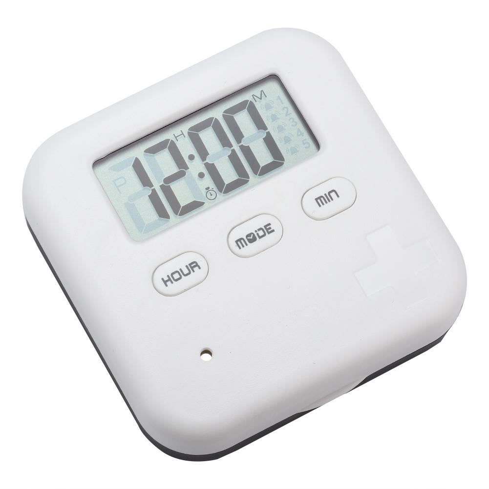 4 Grid Daily Medicine Tablet Pills Storage Box Organizer Case Container with Timer (White Grey)