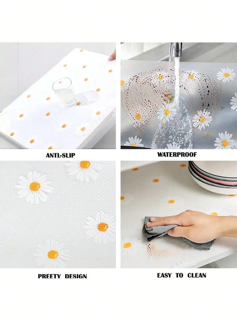 Roll of Daisy Printed Shelf Liner for Kitchen Cabinets and Drawers, Waterproof and Non-Adhesive Cupboard Mat, Easy to Clean