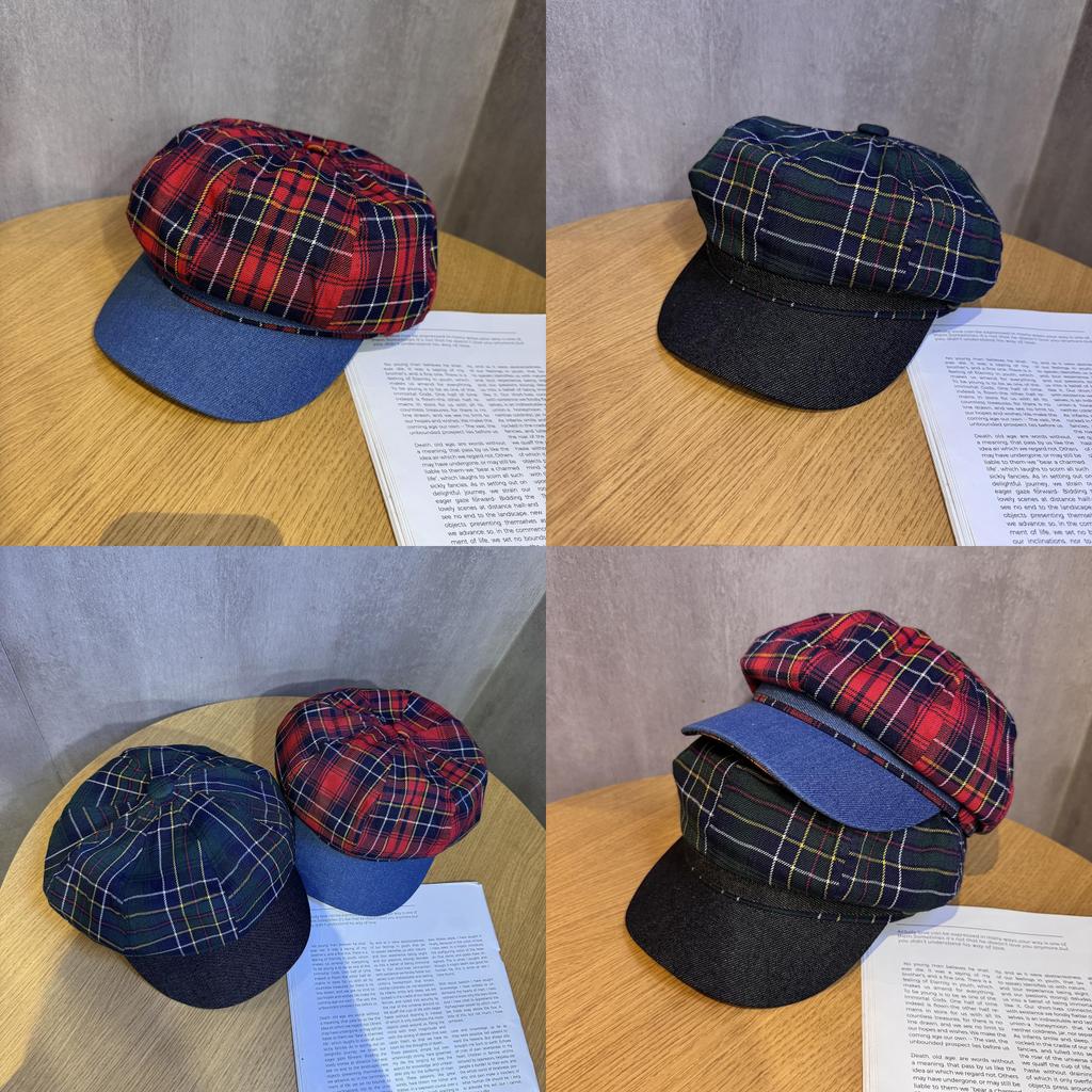 Cotton Twill Retro Spliced Checkered Beret Cap With Curved Brim For Casual Wear