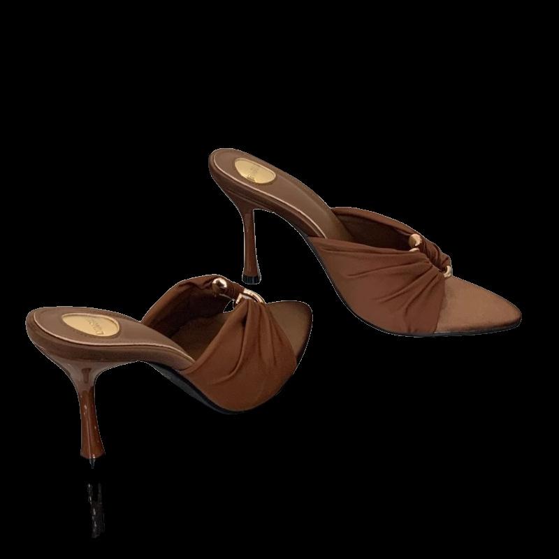2025 Summer New Stiletto Temperament High Heels Pleated Metal Buckle Pointed Open-toed Sandals Sexy Stiletto Women's Shoes