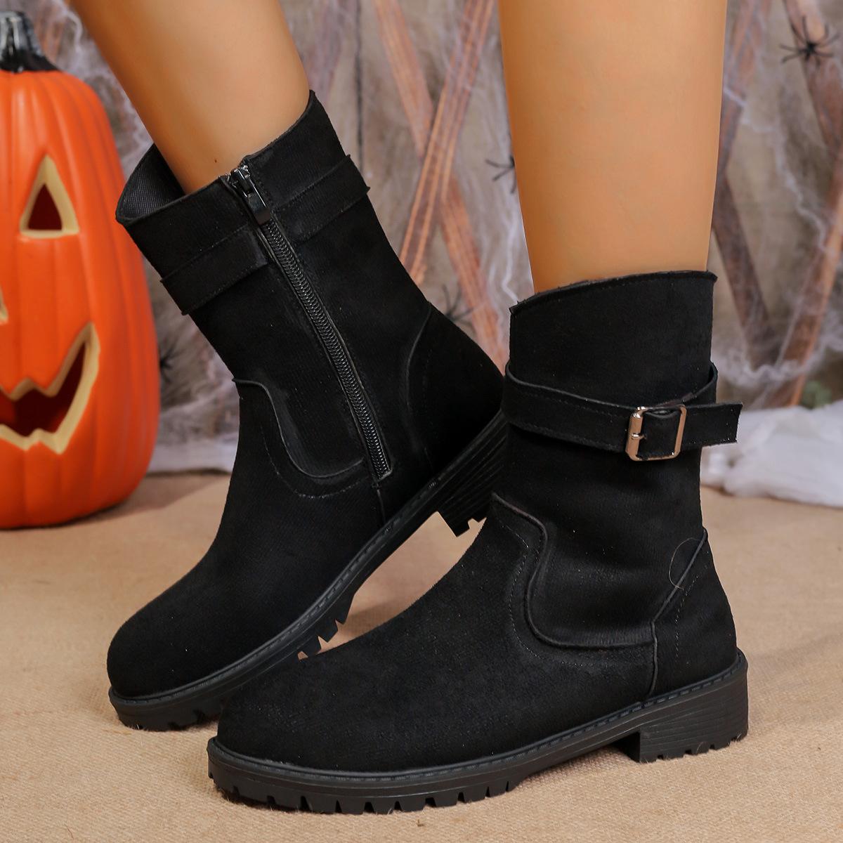 

Autumn and winter new round head side zipper low heel large size short boots belt buckle Martin boots 36