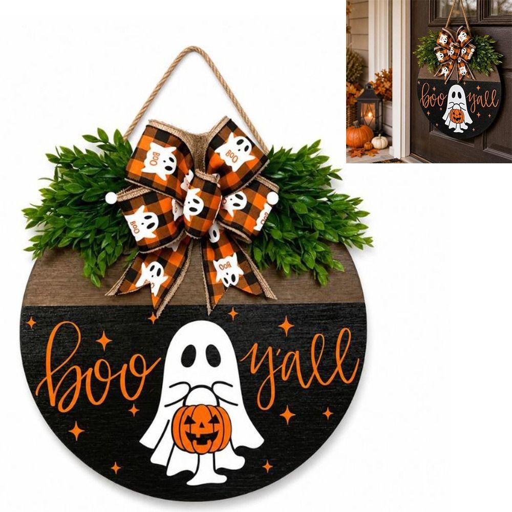 2D Flat Wooden Hanging Door Sign Ghost Round Doorplate Halloween Festival Decoration