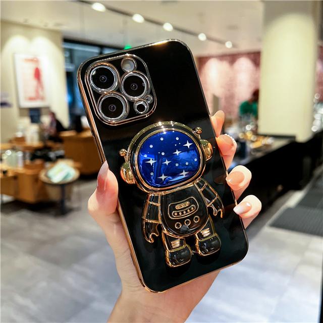 Luksus Blå Belægning Stjerne Astronaut Stand Telefon Cover Til iPhone 15 14 13 Mini 12 11 Pro Max X Xs Xr 7 8 16 Plus Blød Holder Cover
