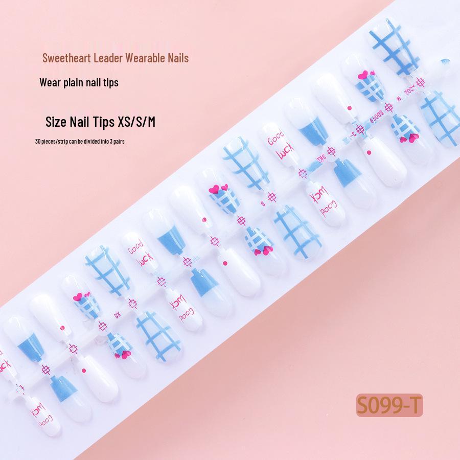 Elegant Blue Plaid Rhinestone Heart Stickers & Nude Nails (30 Pieces)