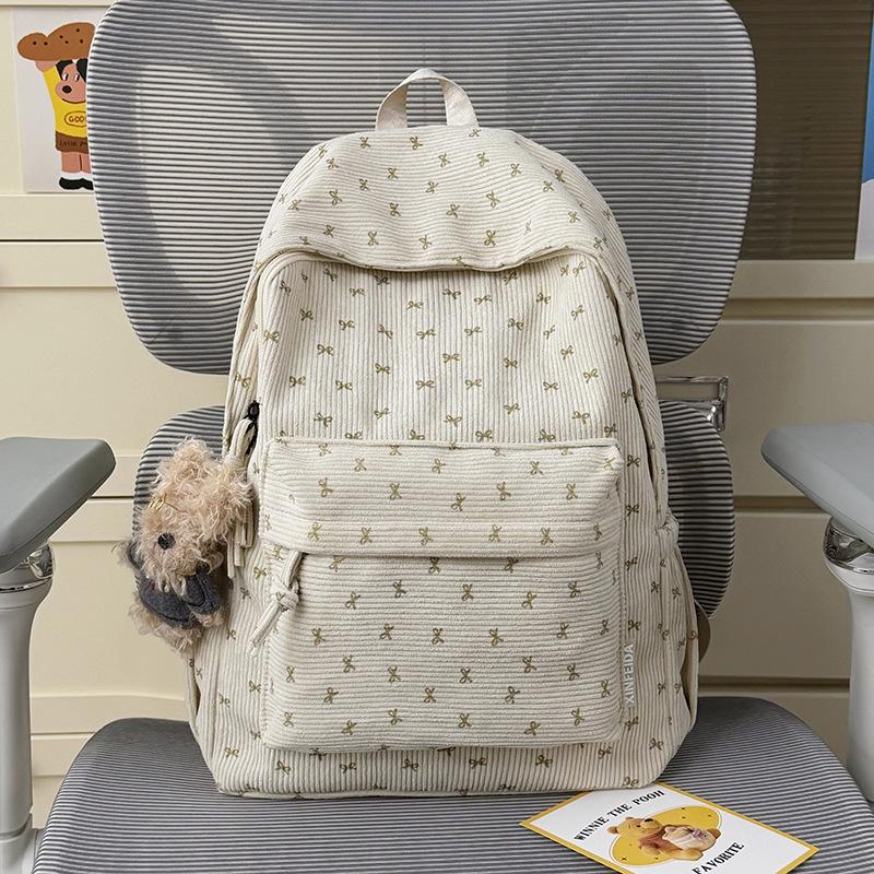 Schoolbag1011 New Textured Student School Bag Corduroy Bow Niche Versatile Backpack Large Capacity Commuter Backpack