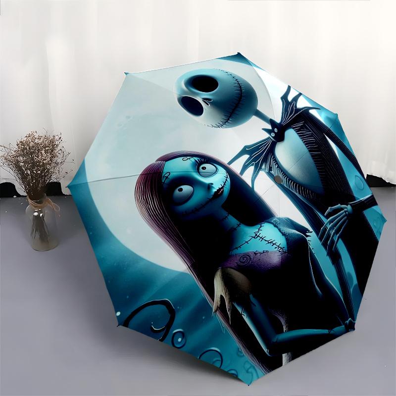 Nightmare Before Christmas Sally and Jack Skellington Themed Automatic Opening and Closing Folding Umbrella, Reinforced 8 Ribs, Compact Trav