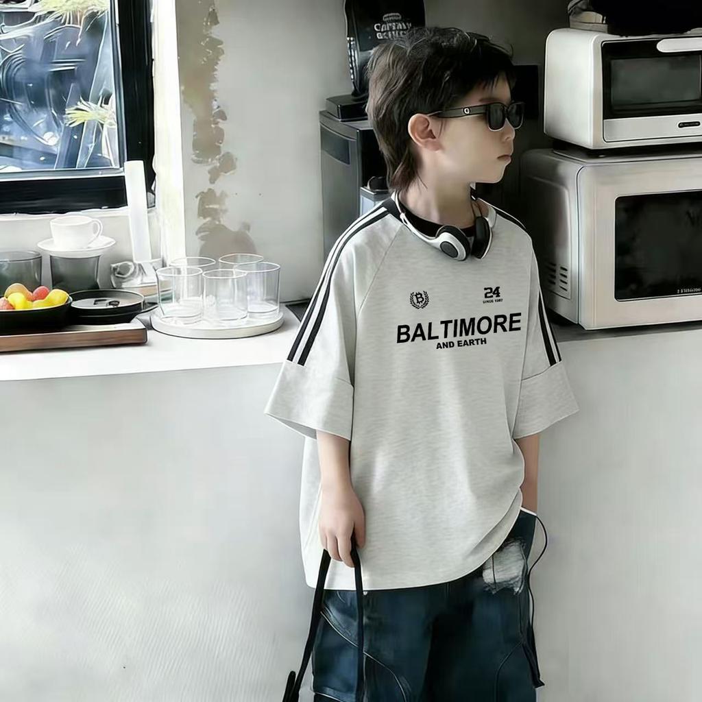 Summer Boys Cotton Short Sleeve T Shirt Medium Large Kids Three Stripes Sporty Half Sleeve Top Trendy Handsome Children Clothing