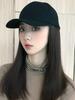 Elegant Women'S Black Baseball Cap With Adjustable Hat Wig - Long Straight Synthetic Hair, One Piece