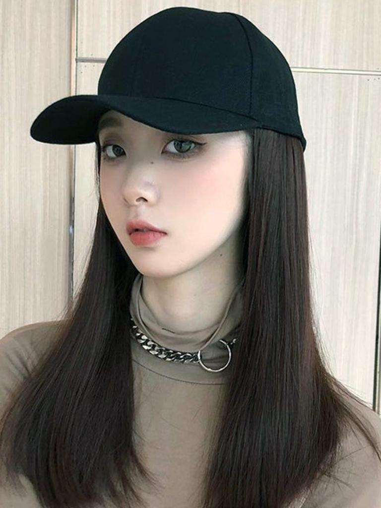 Elegant Women'S Black Baseball Cap With Adjustable Hat Wig - Long Straight Synthetic Hair, One Piece