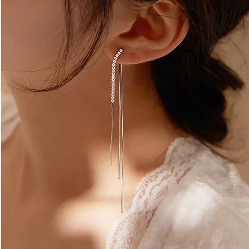 New Silver Color Long Tassel Drop Earrings for Women Style Back Hanging Earlines Shiny Zircon Fashion Earrings Wedding Jewelry