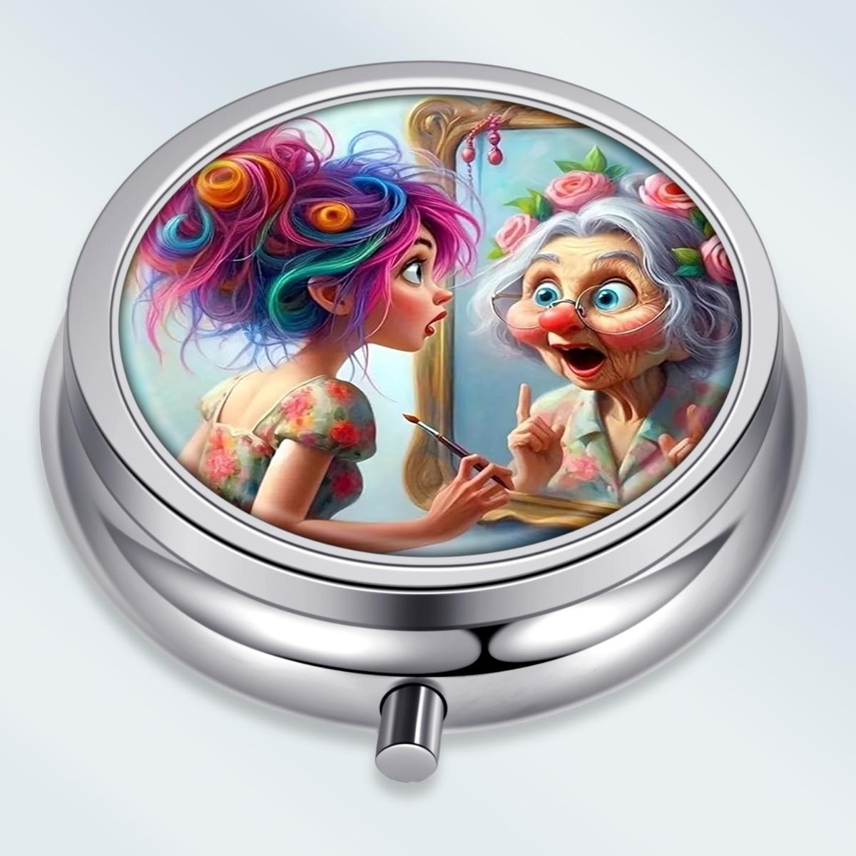 

Portable Pill Box with 3 Compartments, Mini Metal Medicine Organizer Case, Cute Printed Pill Container for Vitamins, Pills, Jewelry, Travel, Daily Use