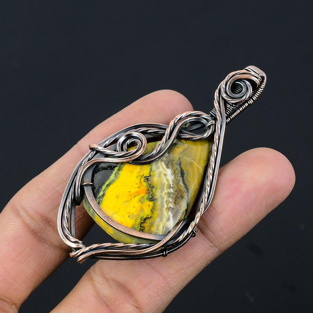 Bumblebee Jasper Pendant, 999 Copper Wire Wrapped Gemstone Jewelry, Handmade Pendant, For Mother Day