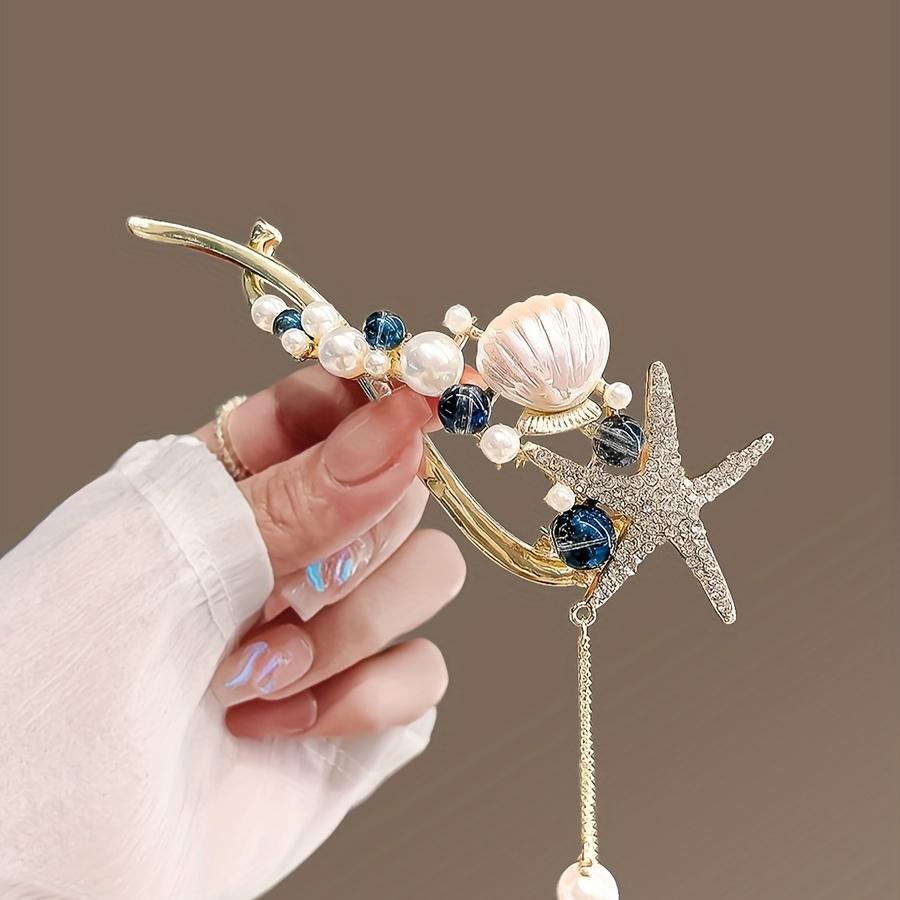 1 Piece Of Ocean Series Rhinestone Starfish Shell Banana With Artificial Pearl Women'S Sweet Ponytail Holder