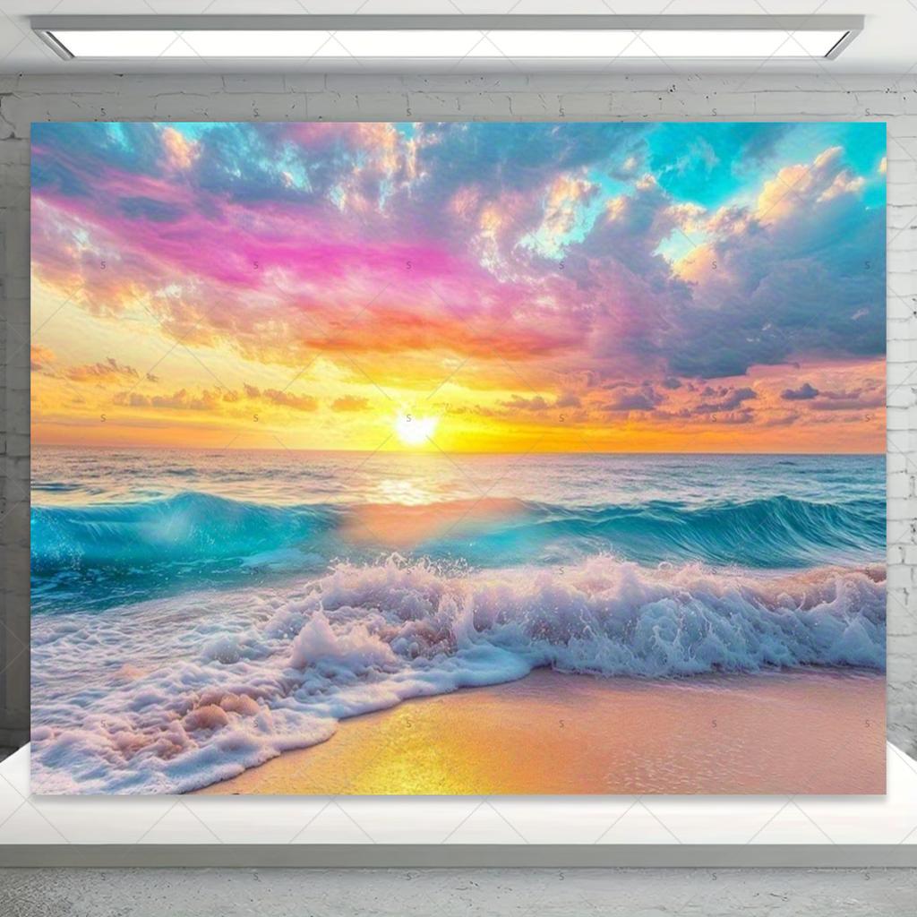 Summer sunset themed photography backdrop, palm trees, tropical ocean, beach, natural landscape, party banner, decor3068