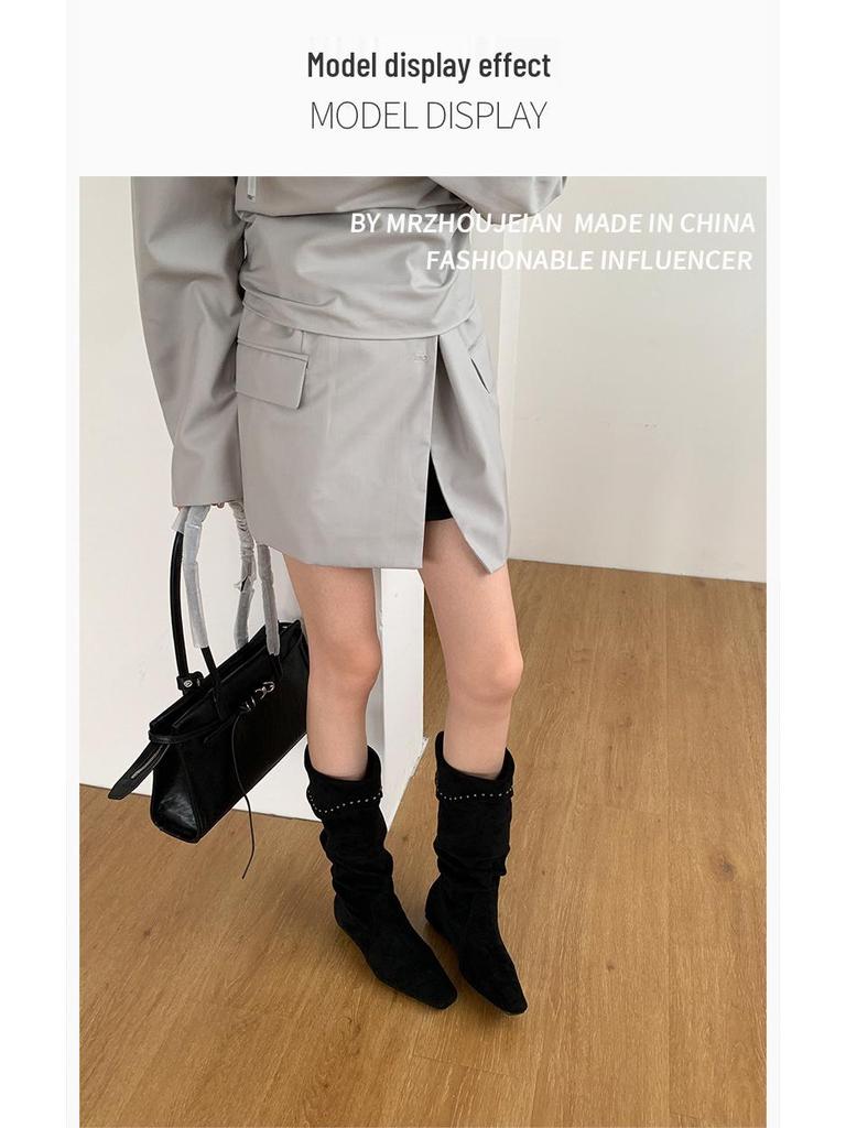 Lammleder Französische Nische Spitz Zehen Keilabsatz Slouch Cowboy Stiefel Damen 2025 Hohe Stiefeletten