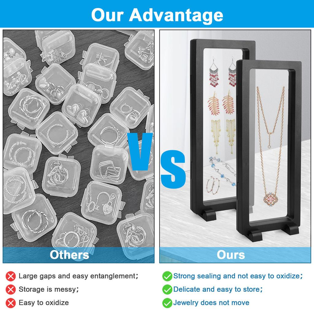 2Pcs 3D Effect Display Floating Coin Display Frame Box Jewelry Holder Case with Stand Black PE Film Display Box