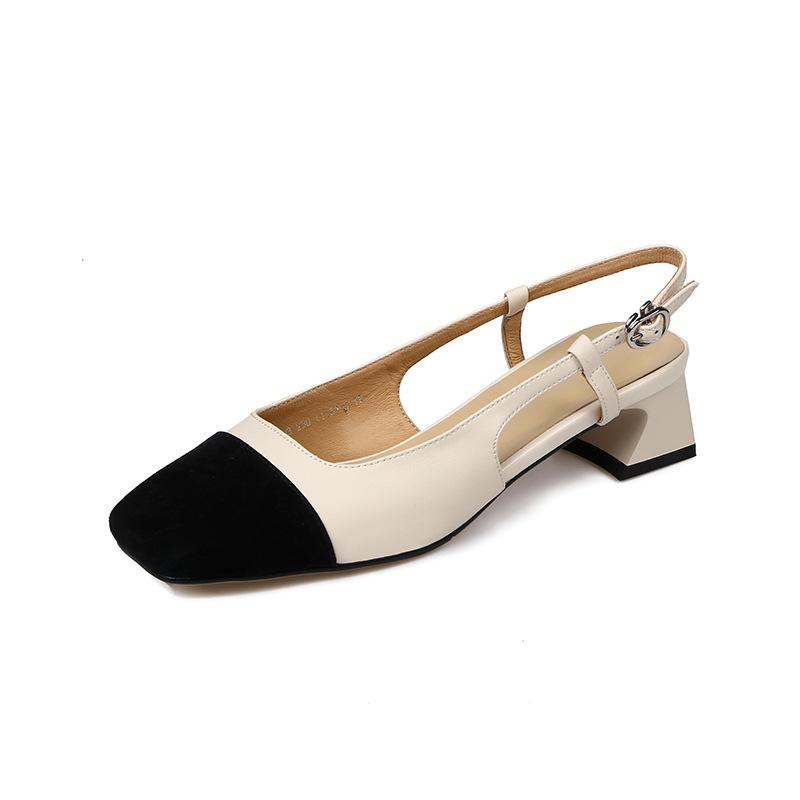 Xiaoxiangfeng Baotou Sandals Women's 2025 New Summer Versatile French Medium Heel Back Empty Women's Shoes Thick Heel Color Matching Shoes