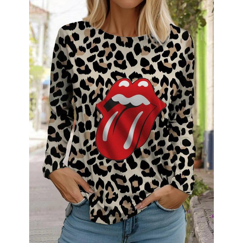 Spring And Autumn Long Sleeve Lip Print Leopard Printed T-Shirts Women Basic Casual Tops Female Loose Round Neck Tees Clothing