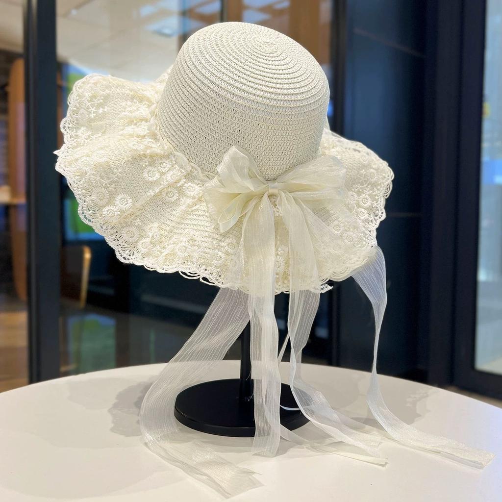 Bow Flower Big Brim Beach Straw Hat Women Spring and Summer New Seaside Sunshade Sun Hat Tide