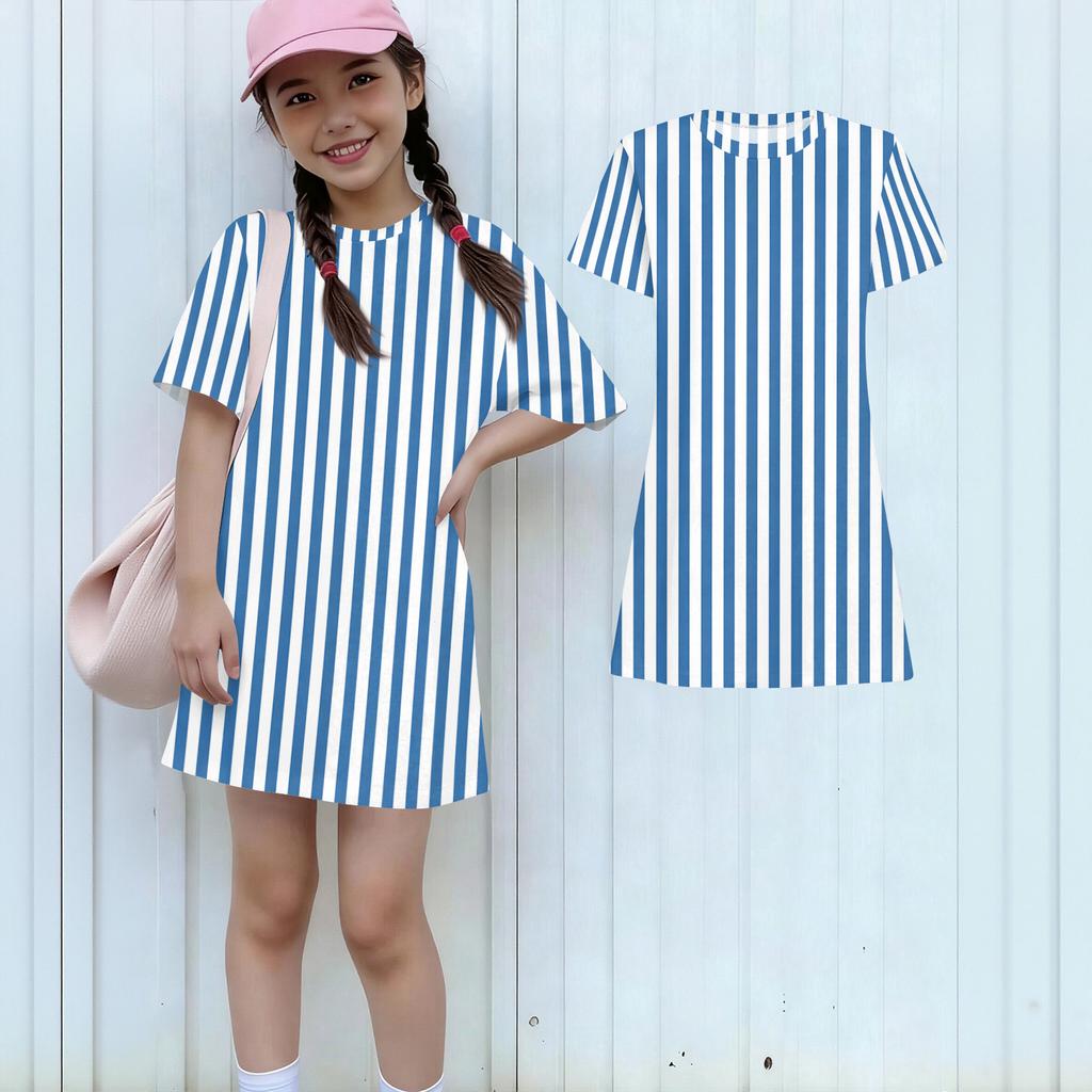 Girls Loose Fit Short Sleeve Dress Lightweight Casual Round Neck Striped Printed Dress for Kids Comfortable Summer Wear