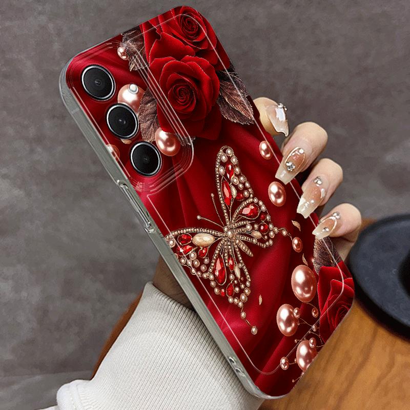 Butterfly Pearl Rose Pattern Phone Case for Samsung Galaxy S26 S25 S24 S23 S21 S20 fe/plus/Ultra Anti Drop Transparent Soft Case