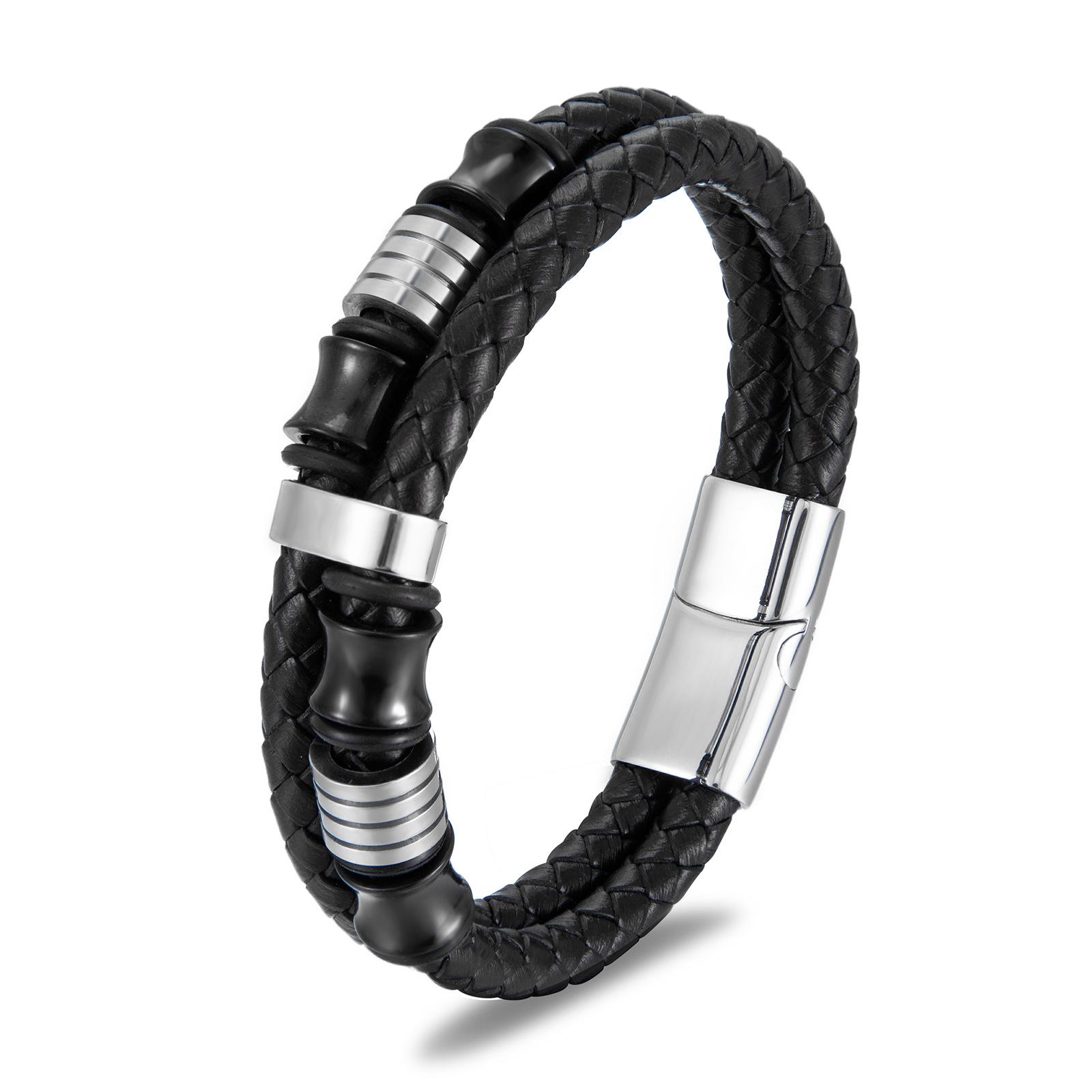 Leather Bracelet, Black Leather Stainless Steel Men s Bracelet, Simple Leather Bracelet Bracelet