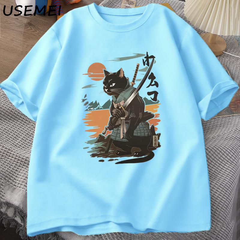

Samurai Cat TShirt Japanese Style Cat Designer Vintage Tshirt Casual Unisex Graphic T Shirts Cotton Short Sleeve Tee Streetwear L