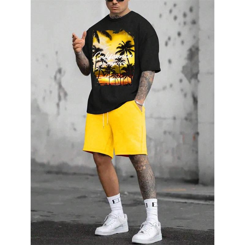 Men's Suit Hawaiian Gradient Coconut Print Suit Summer Beach T-Shirt and Pants 2 Piece Fashion Sports Plus Size Men's Suit