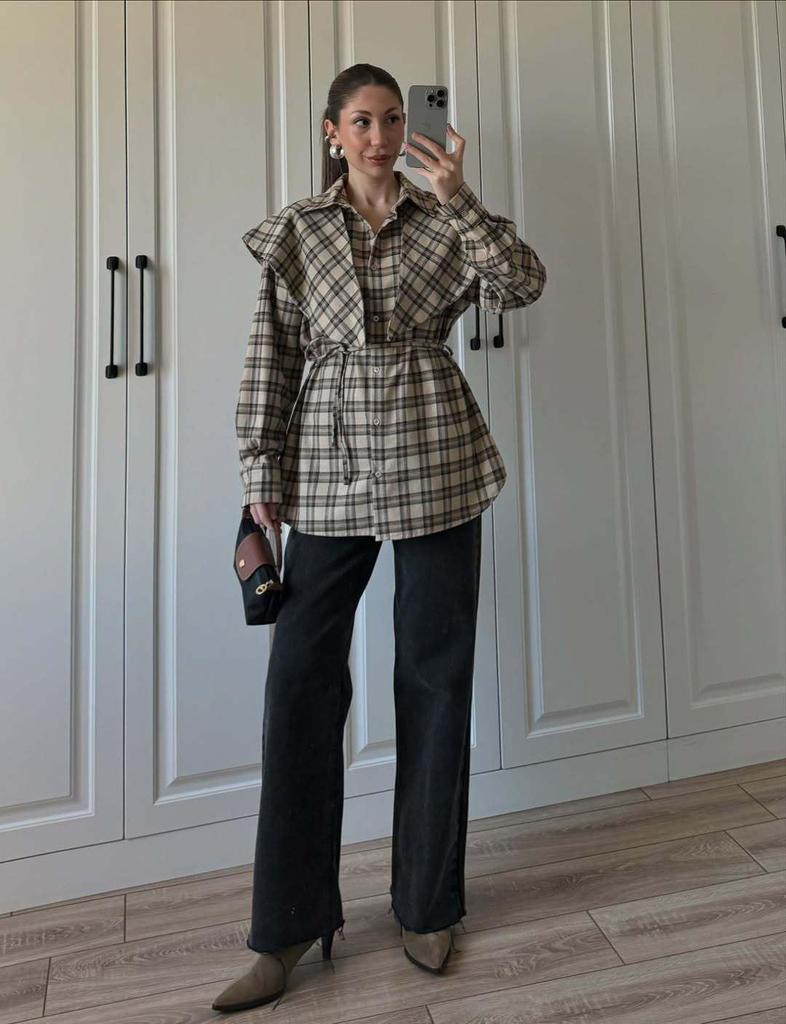 Ensemble chemise à carreaux et châle pour femmes européennes et américaines 2026: Mode Trois-en-un à Manches Longues avec Taille à Nouer.