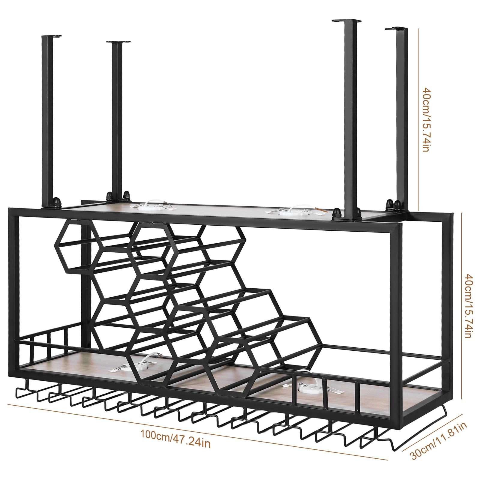 Ceiling Wine Rack with Glass Holder, Metal Hanging Bar Shelves Wine Storage Rack Display for Kitchen Bar Liquor Shelves