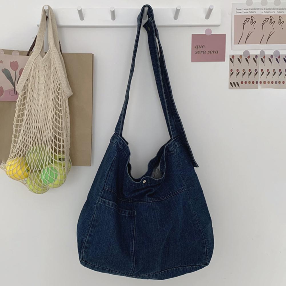 Unisex Denim Tote Handbag Large Capacity Foldable Satchel Bag Versatile Denim Shoulder Bag Casual Travel Shopping Bag