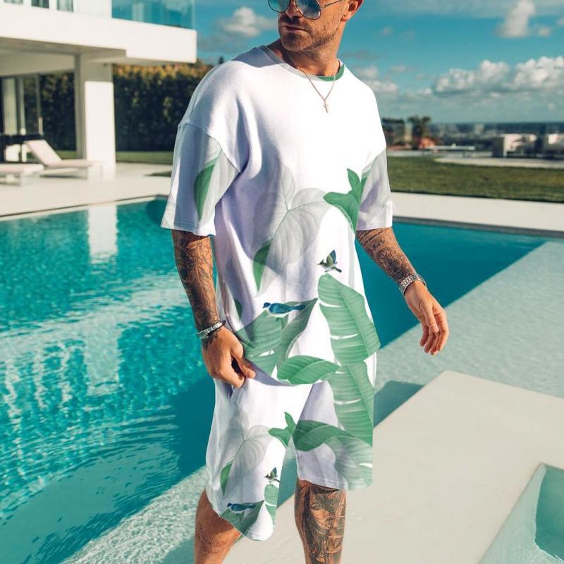 Men's 3D Printed Sports Two-Piece Set O-Neck T-Shirt Plant Pattern Printing Casual Fitness Short Sleeve Tops Shorts