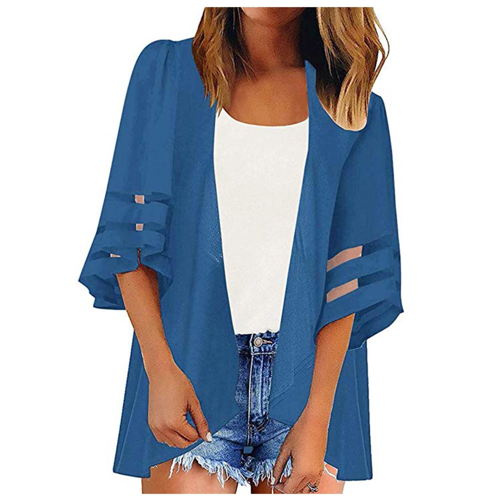 Женская цветная куртка свободная шифоновая вставка кружево солнцезащитная рубашка блузка L синий