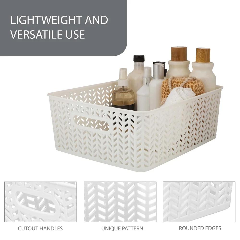 2 Pack Herringbone Plastic Storage Baskets with Open Handles Lightweight Organizational Storage Bins Home and Office 13.78 X