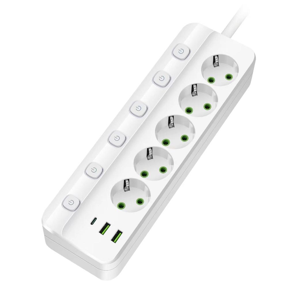 Prelungitor de priză cu ștecher UE, 2/3/4/5 poziții, control independent, cu 2 porturi USB 1 tip C, cablu prelungitor de 2 m, prize electrice
