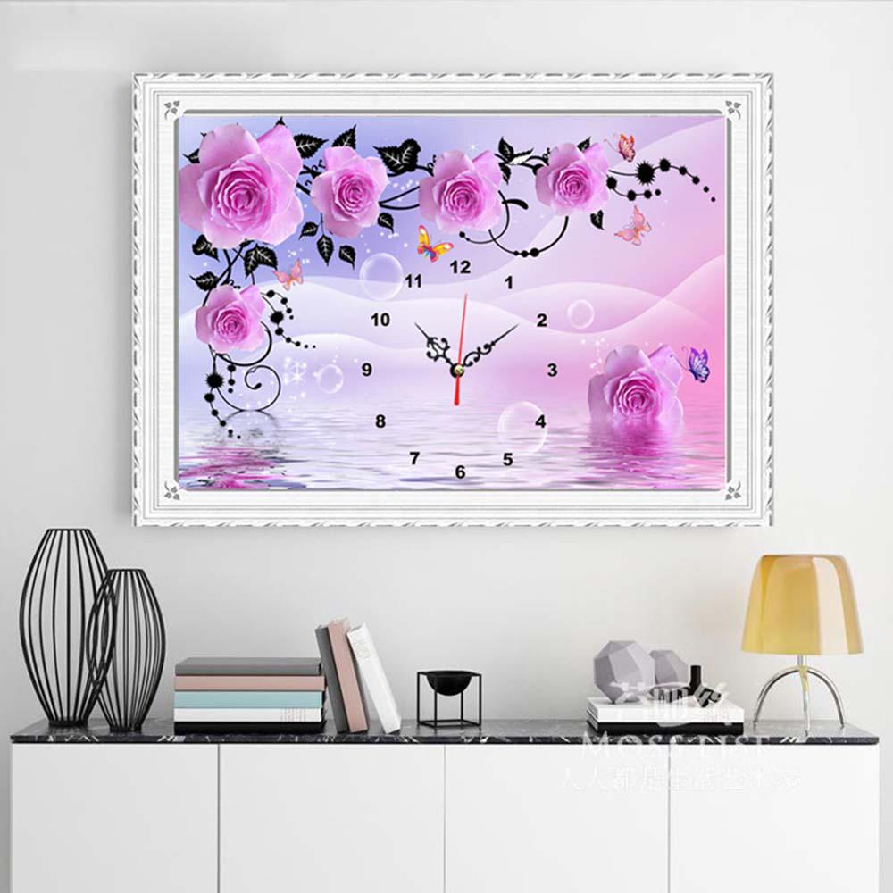 Rose Flowers and Real Clock 5D Full Diamond Painting Embroidery DIY Craft Home Decor Wall Painting Home Entertainment