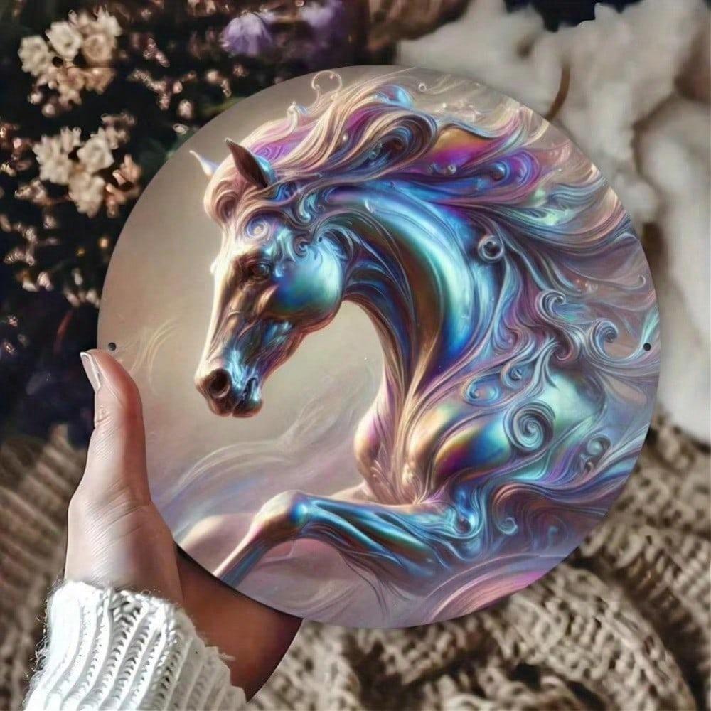 Glow Horse Round Metal Wall Art Sign Plaque Iron Home Garden Decor Outdoor Indoor Hanging Tin Sign Housewarming Gift